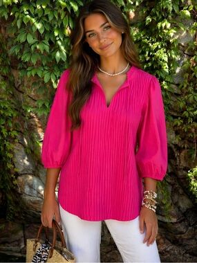 MARC NEW YORK Hot Pink Pleated Textured Tie V-Neck Puff Sleeve Top, L